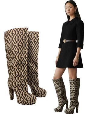 Gucci Rhombus Print Knee high Platform Fabric Monogram Boots Beige Size 38.5